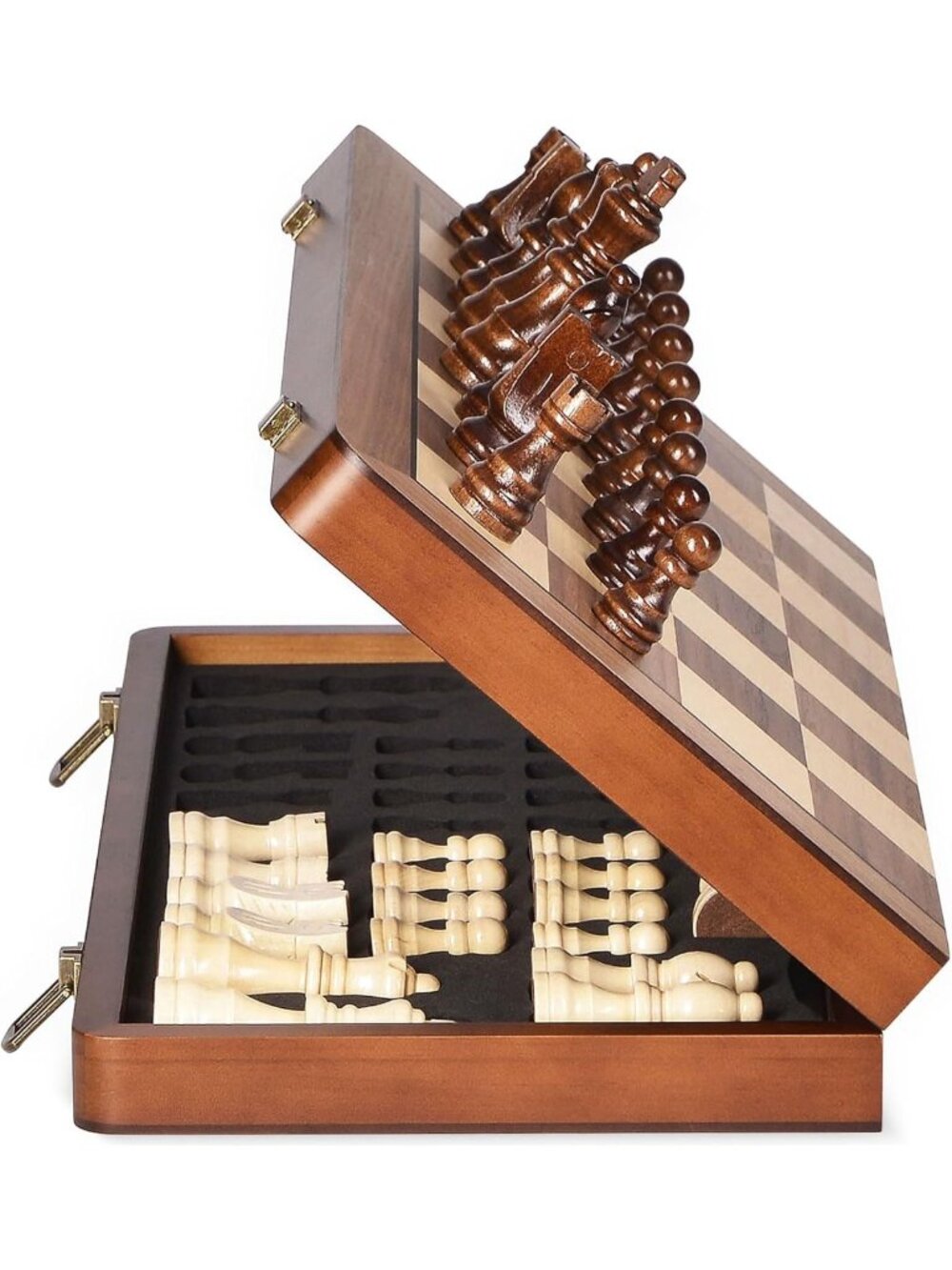 Magnetic 15" Wooden Chess Set - Portable Folding Board with Extra Queens for